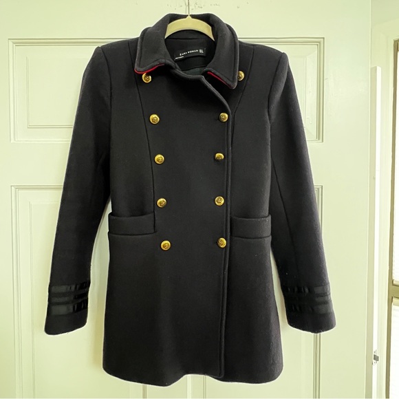 LIKE NEW Zara Navy Blue Double-Breasted Peacoat with Gold Buttons - Picture 2 of 8